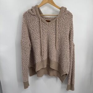 POL Sweater Hoodie Womens M Beige Popcorn Boucle Knit V-Neck Pullover Cozy Boho